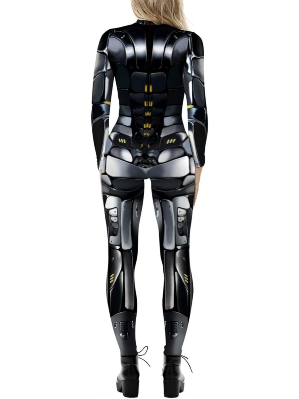 Women's Silver Black Sci Fi Skeleton Bodycon Jumpsuit Full Body Unitard Rave - Picture 2 of 4
